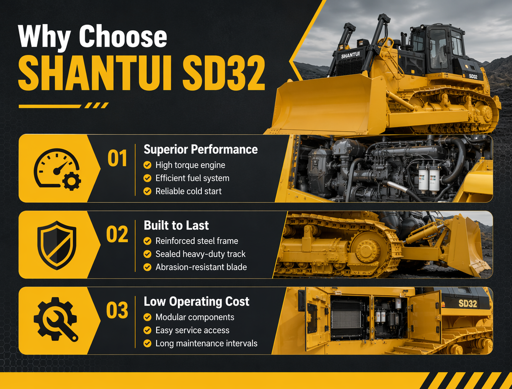 Powerful Traction, Easy Maintenance & Strong Terrain Adaptability SD32 Bulldozer Core Advantages
