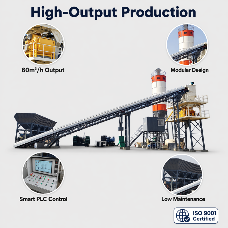 HZS090-5L Concrete Batching Plant 90t/h Modular Design Ready Mix Concrete Mixing Plant with JS1500 Mixer for Construction