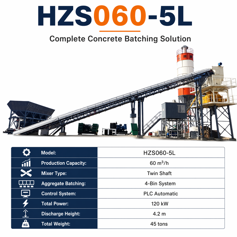 HZS060-5L 60t/h Stationary Concrete Batching Plant JS1000 Mixer for Road Construction
